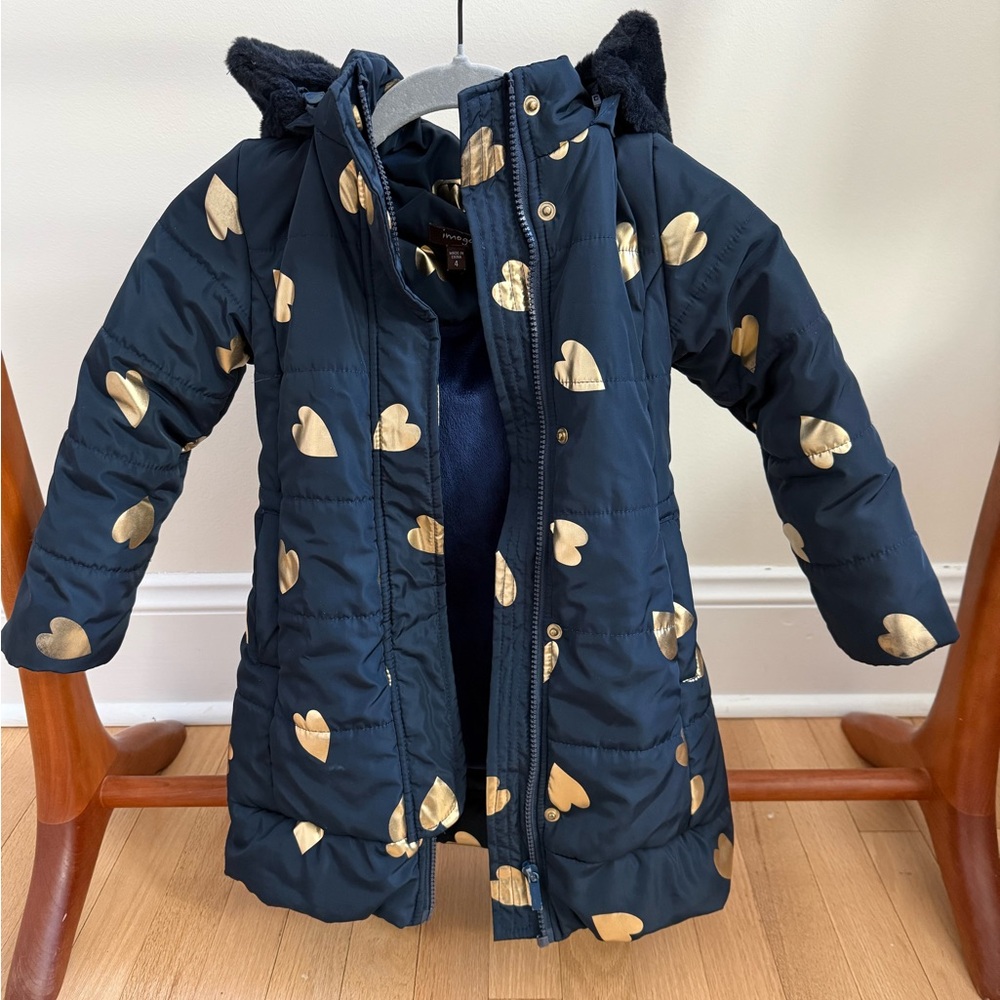 Imoga Coat Navy with Gold Heart Pattern and soft fuzzy hood